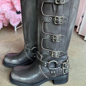 Steve Madden Rocky Distressed Leather Buckle Hardware Tall Moto Engineer Boots